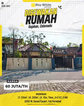 Disewakan Rumah Siap Huni Full Furnished di Gajahan, Colomadu