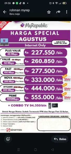 Promo pemasangan internet myrepublic bandung