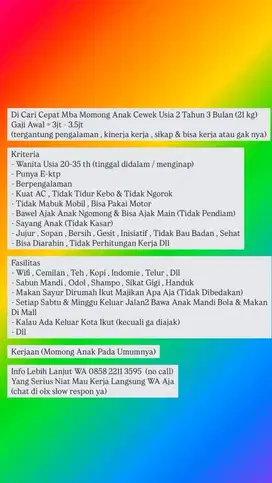 Dicari Cepat Mba Momong Anak Cewek 2tahun 3bulan Gaji 3.5jt pengalaman