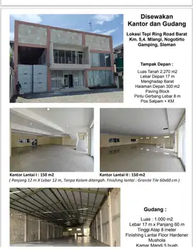 DISEWAKAN KANTOR 2 LANTAI & GUDANG 900JT/TH DKT RINGROAD BARAT.JK13396
