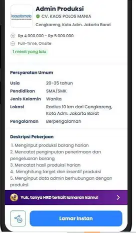 Lowongan Admin Produksi CV. Kaos Polos Mania