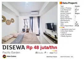 Disewa Apartemen Studio Full Furnished Pacific Garden Alam Sutera