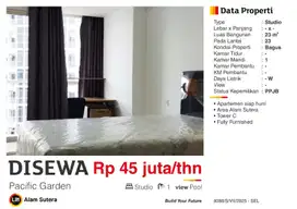 Disewa Apartemen Studio Full Furnish  PG Dekat BiNus Alam Sutera