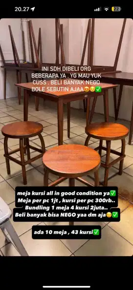 Jual meja kursi kayu bekas resto