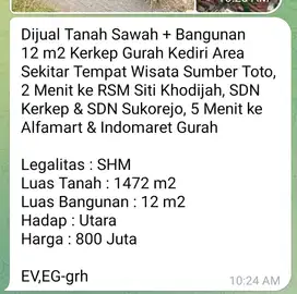 Dijual Tanah, sawah bangunan di krekep Gurah Kediri