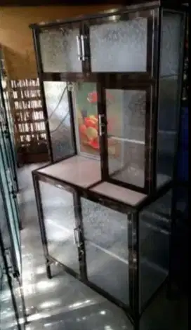 Rak Piring Aluminium Frame Coklat + Keramik 2 Pintu Kaca Es 78-161