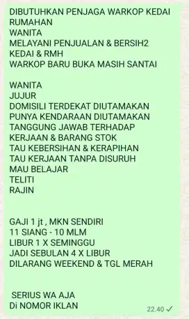 DIBUTUHKAN PENJAGA WARKOP KEDAI