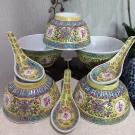 Set mangkong sendok antik chinese rose mun shou