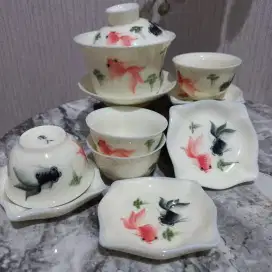 Tea set antik porcelain koki goldfish chinese cangkir teh