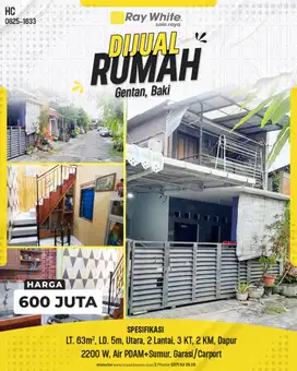 Dijual Rumah 2 Lantai di Jl. Dewa Ruci, Gentan, Baki, Sukoharjo