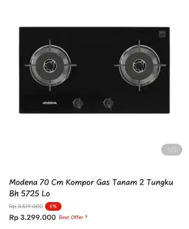 Modena 70 Cm Kompor Gas Tanam 2 Tungku Bh 5725 Lo