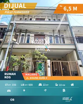 Dijual Rumah Kos Aktif Full Furnish di Jl Sigura-gura Malang Dekat UB