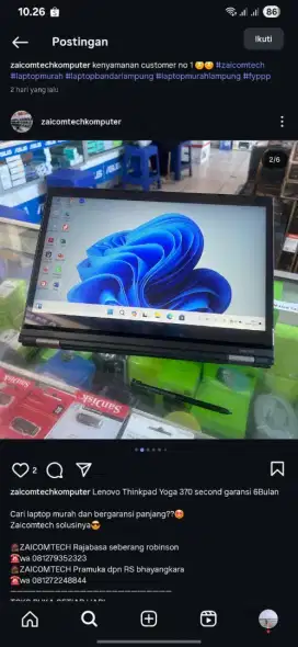 Laptop Lenovo Thinkpad Yoga i5 Gen6 Ram 8Gb SSD 256Gb Garansi 6 Bln