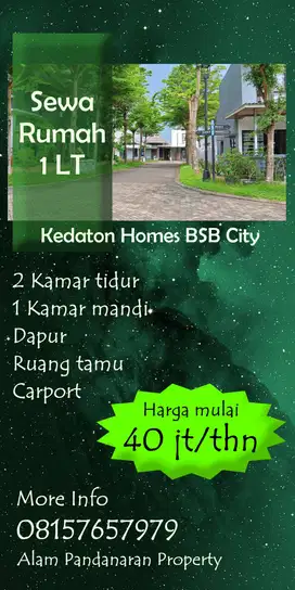 Dikontrakkan Rumah 1LT HOOK Kedaton Homes BSB City
