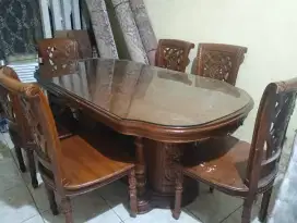 meja makan jati Jepara asli salina 6 kursi, kaca trbal 8ml