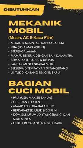 Mekanik Mobil (Mesin, AC, Kaca Film) & Bagian Cuci Mobil