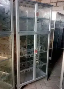 Rak Piring Aluminium 4 Pintu Frame Putih Kaca Es 75-165