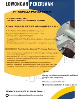 STAFF ADMINISTRASI & TECHNICAL ASSISTANT / WORKSHOP ASSISTANT