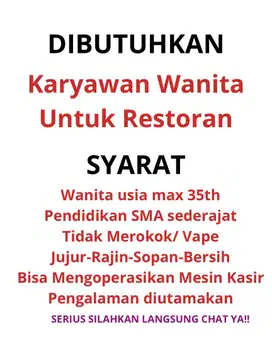 Butuh karyawan wanita untuk kasir