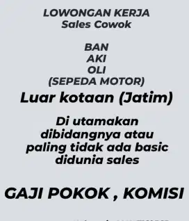 Lowongan kerja sales sparepart sepeda motor area Jawa Timur.