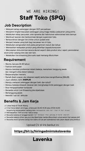 LOWONGAN KERJA STAFF TOKO / SPG