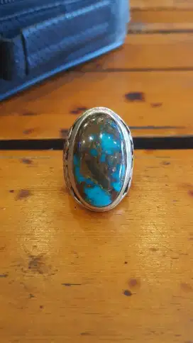 Cincin perak batu permata pirus persia biru urat besar