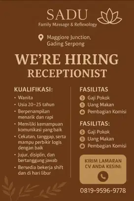 LOWONGAN KERJA  RECEPTIONIST WANITA