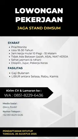 Lowongan Kerja Sebagai SPG / SPB Stand Dimsum