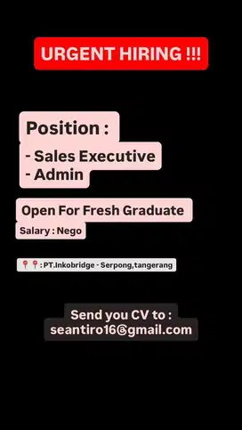 DI BUTUHKAN SEGERA ADMIN , SALES EXECUTIVE
