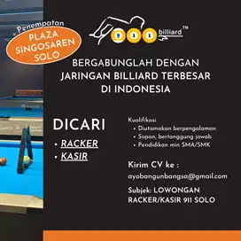 Lowongan kerja KASIR dan RACKER billiard untuk cabang SOLO Jawa tengah