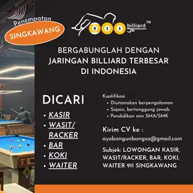 Lowongan kerja KASIR/RACKER/KOKI/BAR/WAITER Billiard cabang Singkawang