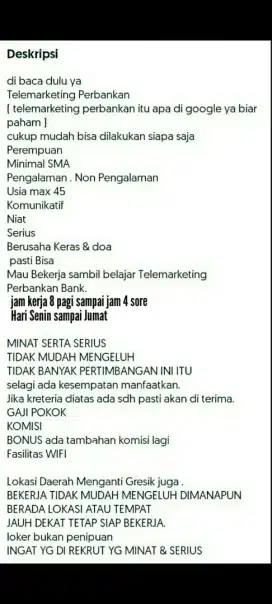 Loker Telemarketing Perbankan Bank utk Karyawati area Menganti&Sekitar