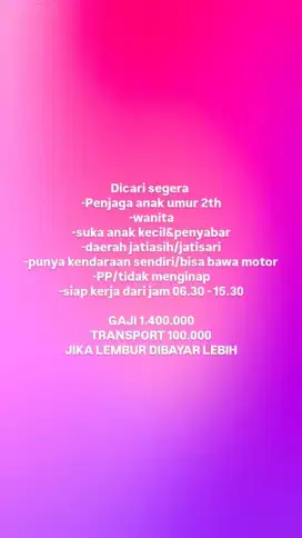 Dicari penjaga anak usia 2th