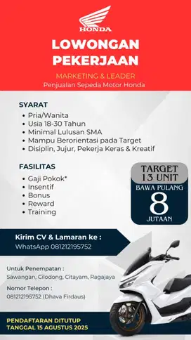 Dibutuhkan Marketing & Leader Maketing Dealer Honda
