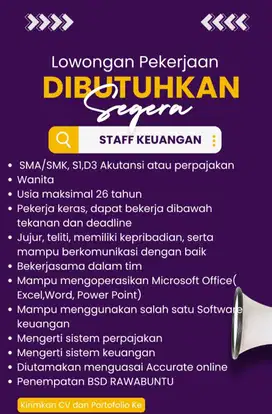 LOWONGAN KERJA FINANCE+ ADMIN PENJUALAN
