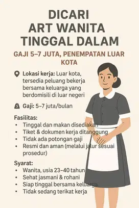 Dicari ART Wanita Tinggal Dalam – Gaji 5-7 Juta, Penempatan Luar Kota