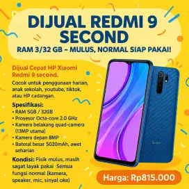 Hp Bekas Second Xiaomi Redmi 9, Kondisi Mulus Siap Pakai, Lengkap