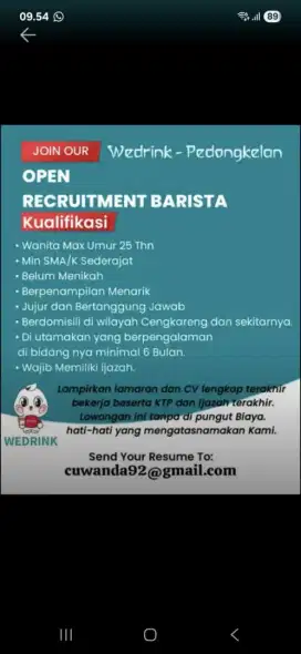 Lowongan barista wedrink/mixue/ sejenisnya