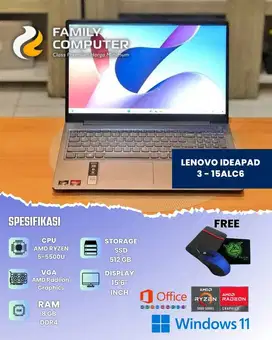 LENOVO IDEAPAD SLIM 3 15ALC6 |AMD 5-5500U|RAM 8GB|SSD 512GB|MULUS|SIAP
