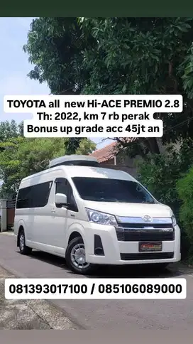 Plat B , TOYOTA all  new Hi-ACE PREMIO 2.8
Tahun : 2022 akhir bln 12