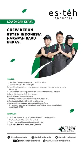 DIBUTUHKAN BARISTA ESTEH INDONESIA HARAPAN BARU BEKASI
