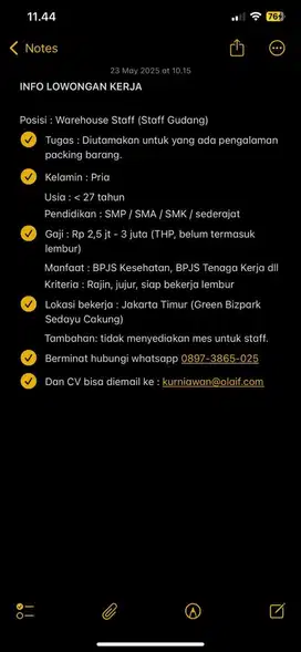 Lowongan kerja dibutuhkan segera warehouse staff