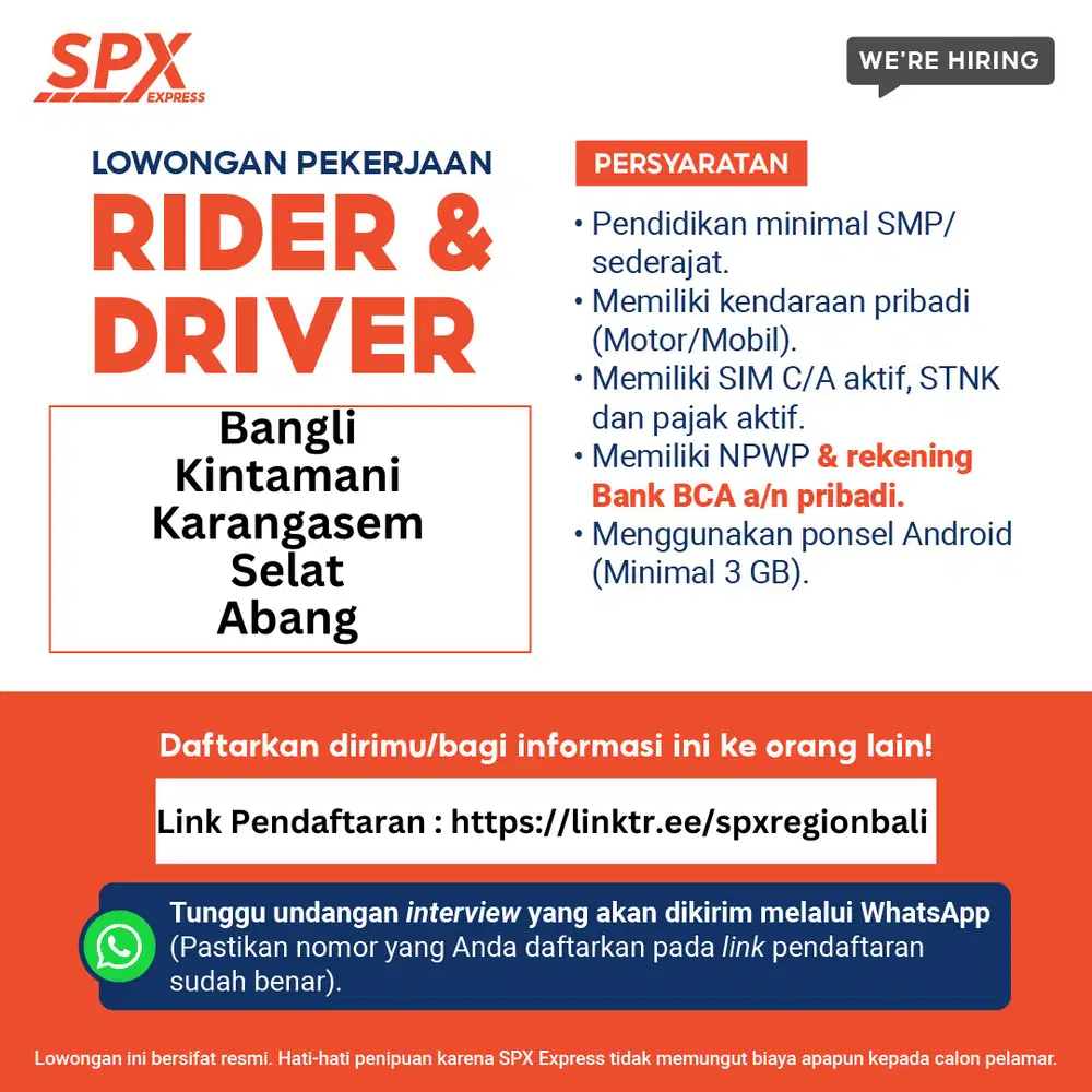 LOWONGAN KERJA KURIR DAN DRIVER SPX EXPRESS BALI