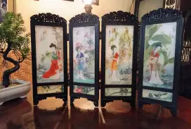 Vintage Miniatur Partisi Motif Wanita Asia 4 Panel Original