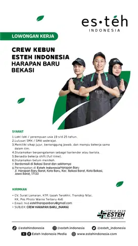 DIBUTUHKAN BARISTA ESTEH INDONESIA, HARAPAN BARU BEKASI