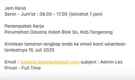 Dibutuhkan Segera Admin Les Privat.