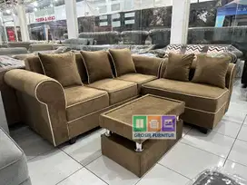 CUCI GUDANG !!! Sofa L Minimalis Ruang Tamu Bahan Bludru Halus Coklat