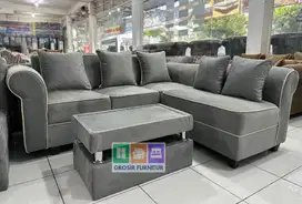CUCI GUDANG !!! Sofa L Minimalis Ruang Tamu Bahan Bludru Halus Abu !!!