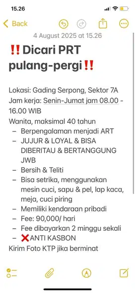 ‼️Dicari PRT Pulang Pergi‼️