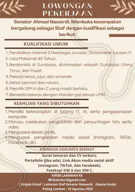 LOWONGAN PEKERJAAN STAF SENATOR (ANGGOTA DPD RI)